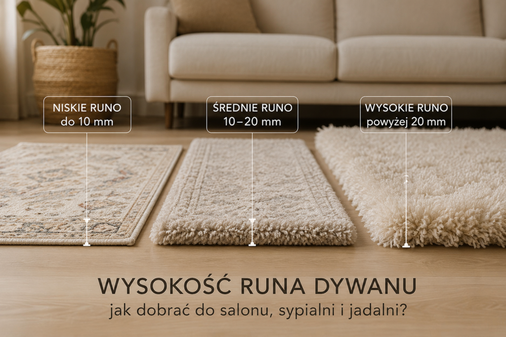 Porównanie dywanów z niskim, średnim i wysokim runem wraz z orientacyjną wysokością włókien w milimetrach.